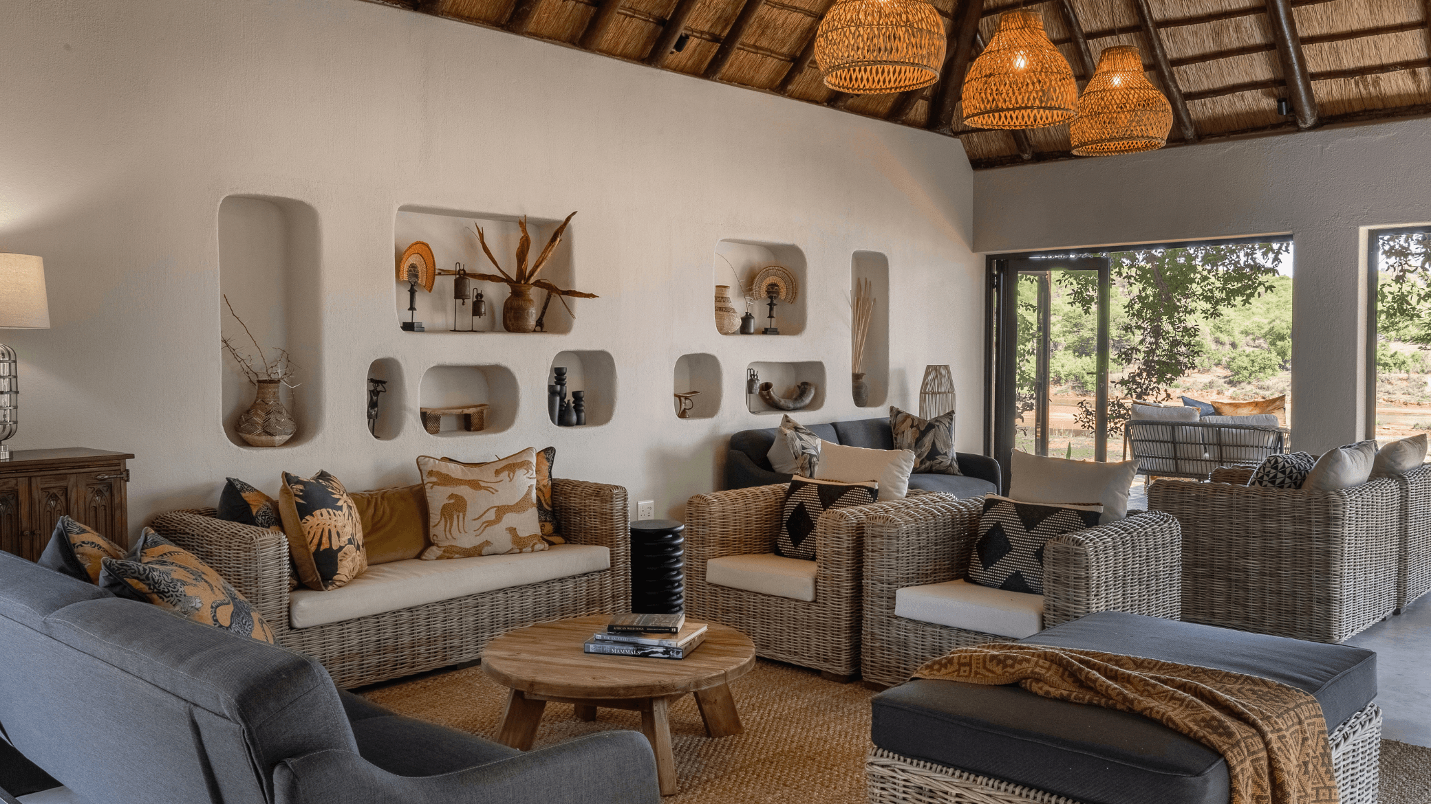 Interior communal living room at Sashwa safari lodge